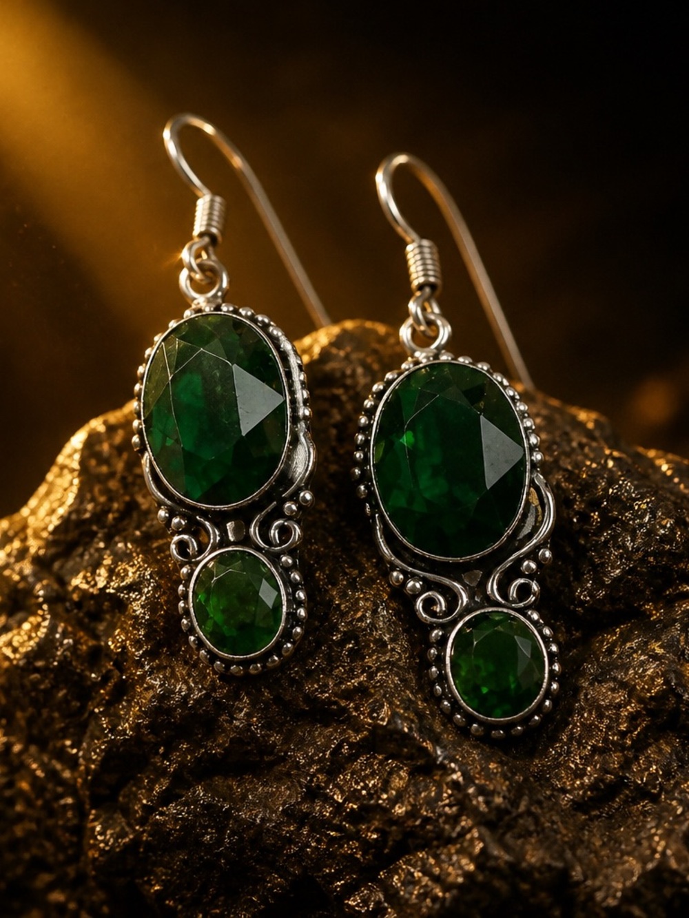 Artisan Sterling Silver dark Green Quartz Drop Earrings (94)